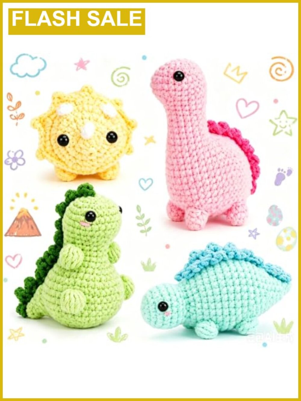 Crochet Kit for Beginners 4 PC Dinosaur Family 40% Extra Yarn All-in-One
